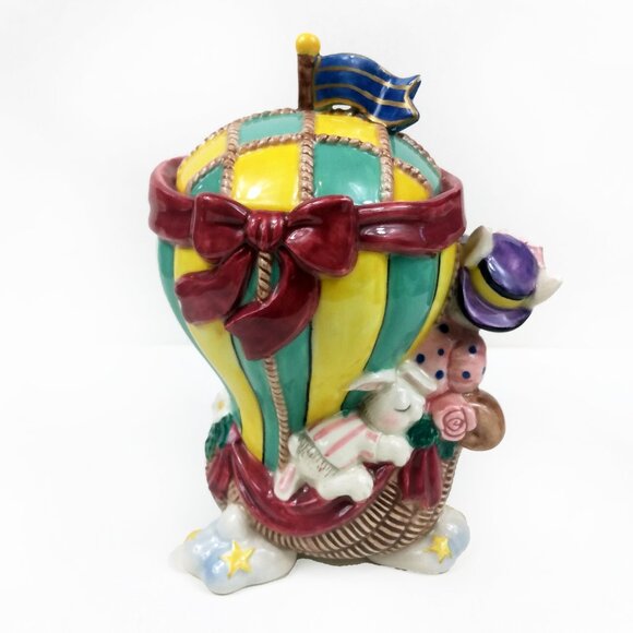 Vintage 1995 Fitz & Floyd Bunnies Hot Air Balloon Cookie Jar - Picture 2 of 13